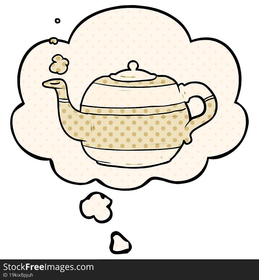 cartoon teapot with thought bubble in comic book style