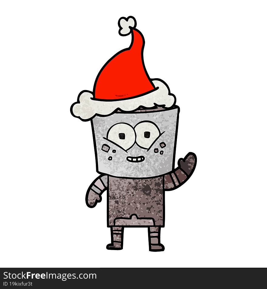 happy hand drawn textured cartoon of a robot waving hello wearing santa hat