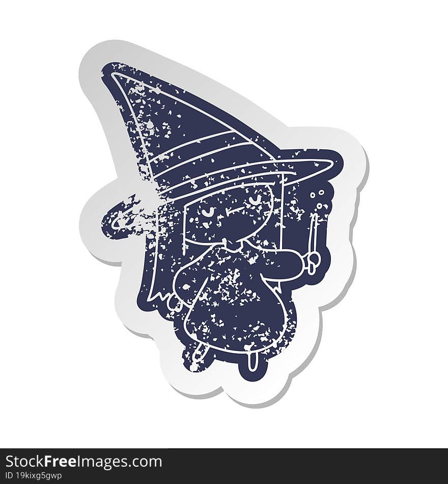 distressed old sticker of a cute kawaii witch girl