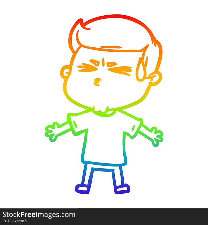 rainbow gradient line drawing cartoon man sweating