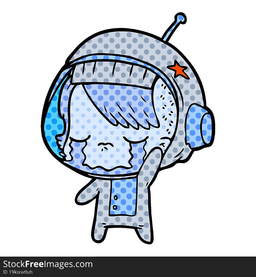 cartoon crying astronaut girl waving goodbye. cartoon crying astronaut girl waving goodbye