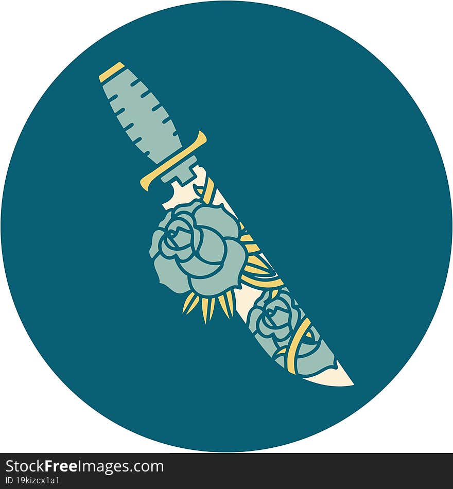 tattoo style icon of a dagger and flowers