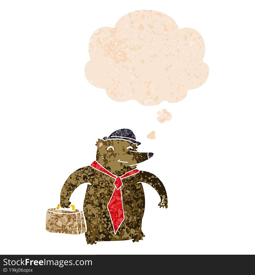 cartoon business bear and thought bubble in retro textured style