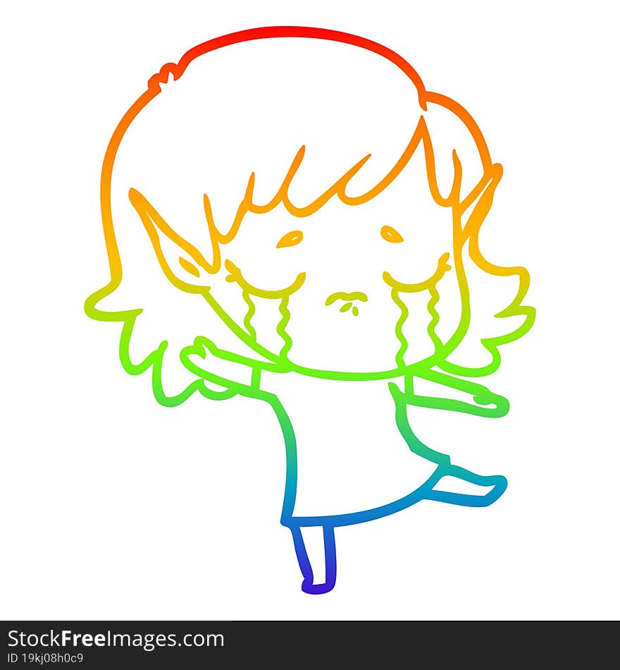 rainbow gradient line drawing cartoon crying elf girl