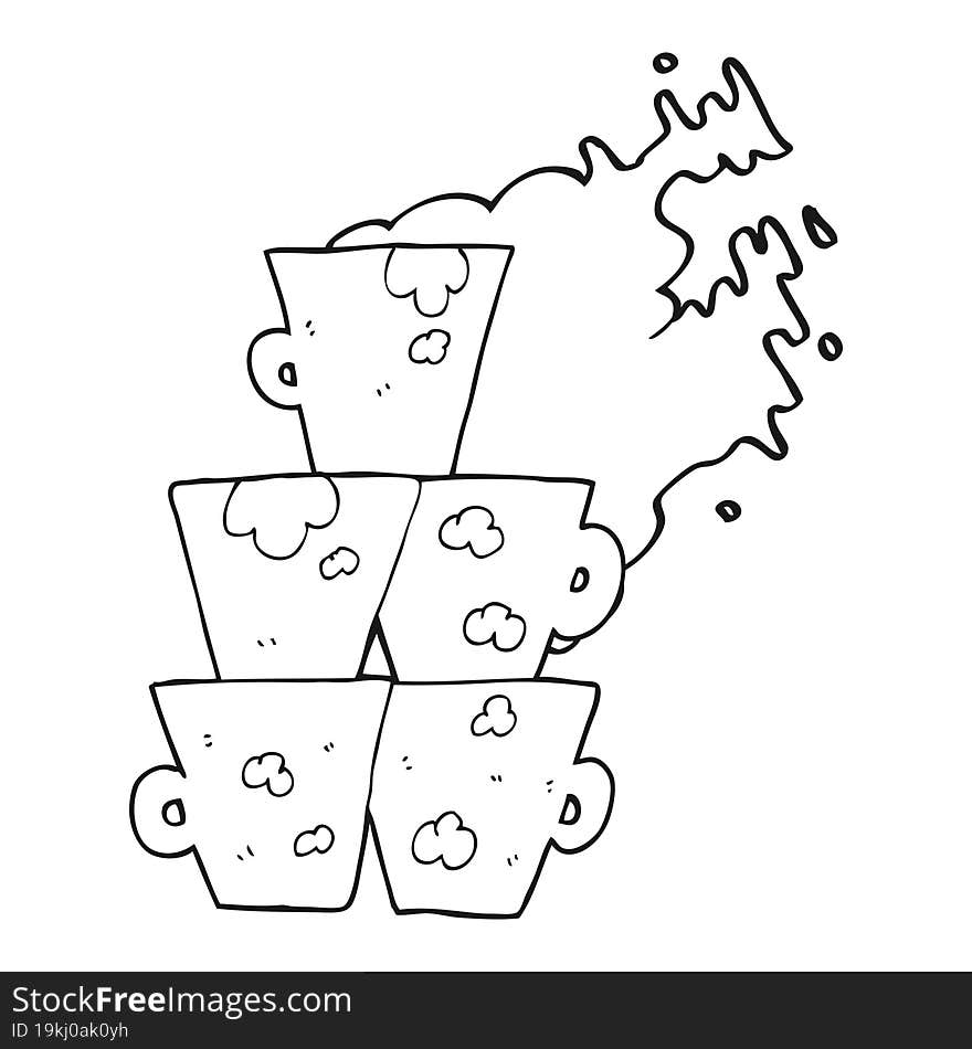 black and white cartoon stack of dirty coffee cups