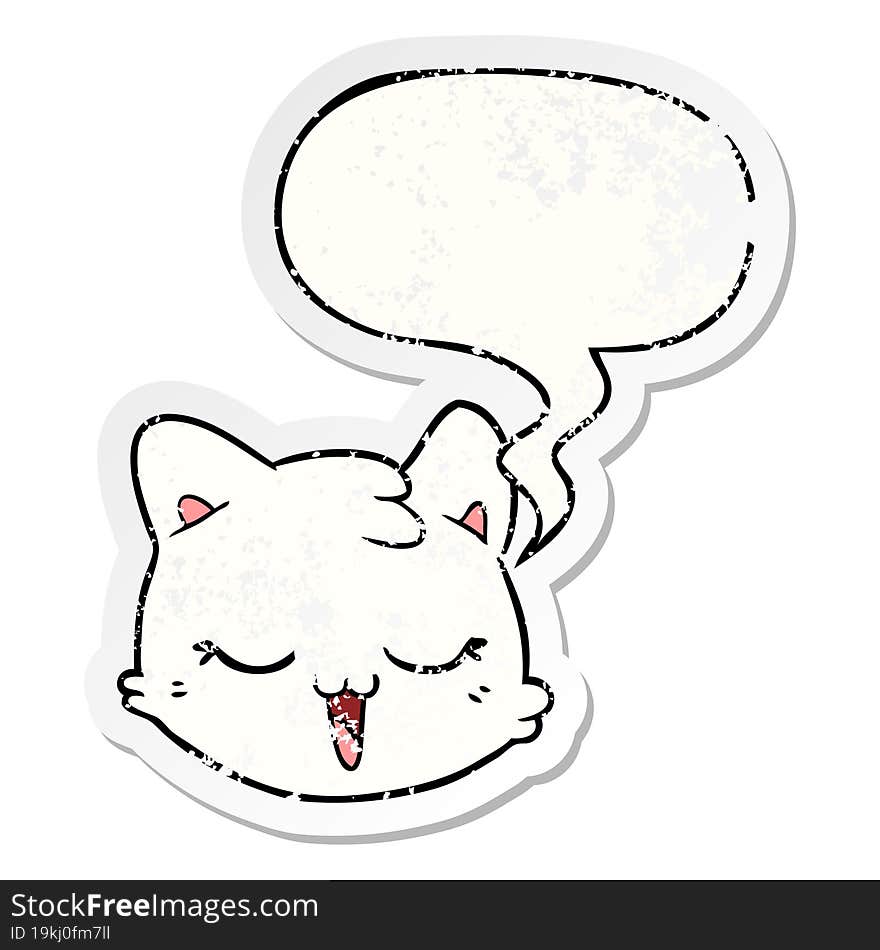 cartoon cat face with speech bubble distressed distressed old sticker. cartoon cat face with speech bubble distressed distressed old sticker