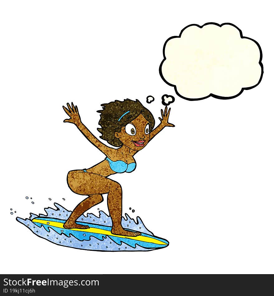 cartoon surfer girl with thought bubble