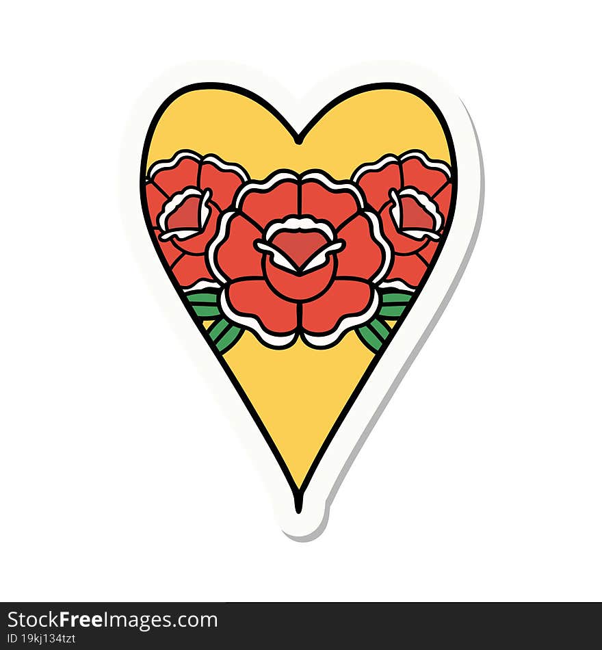 sticker of tattoo in traditional style of a heart and flowers. sticker of tattoo in traditional style of a heart and flowers