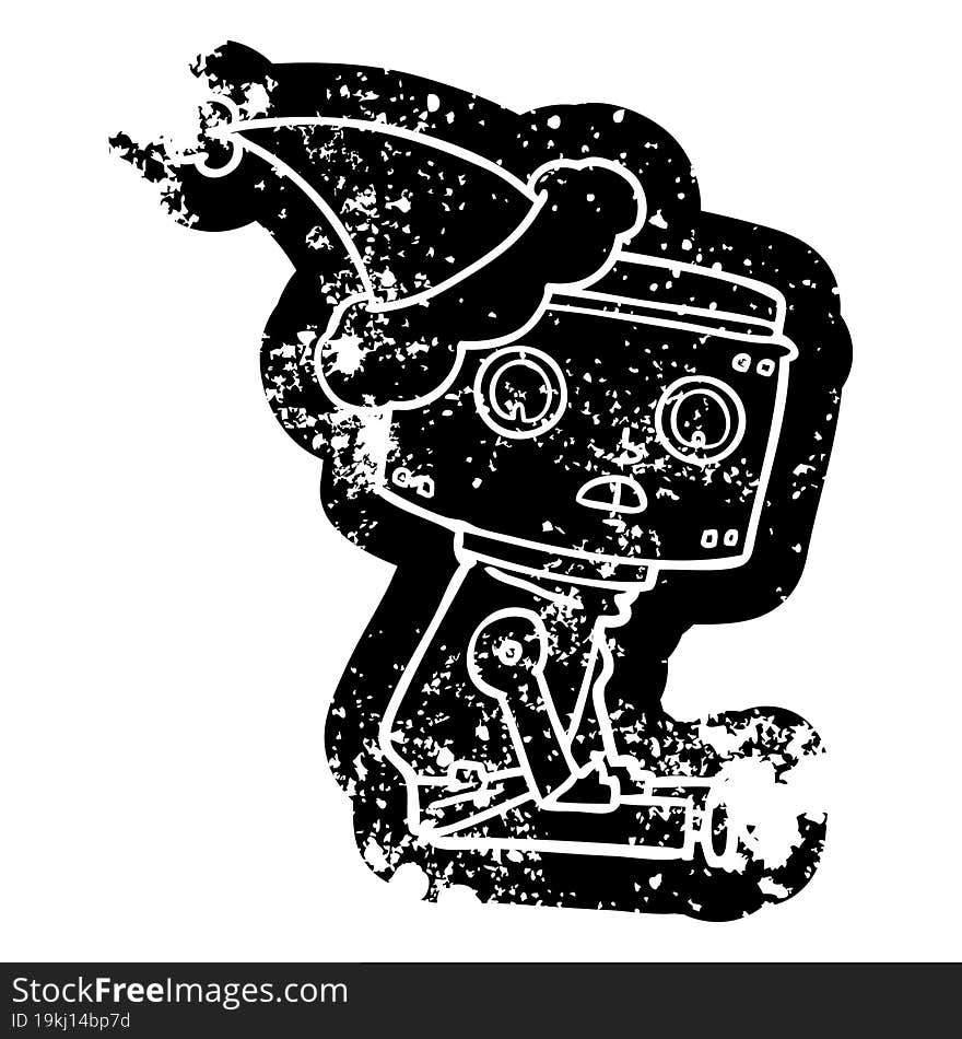 Cartoon Distressed Icon Of A Robot Wearing Santa Hat