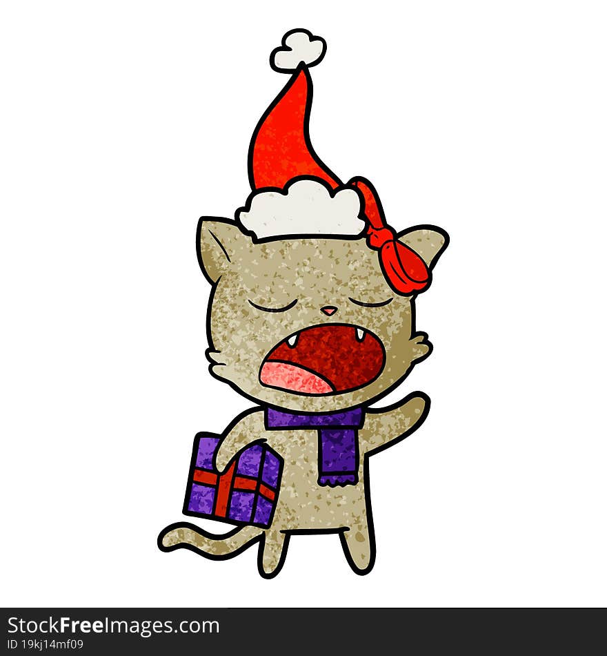 hand drawn textured cartoon of a cat with christmas present wearing santa hat