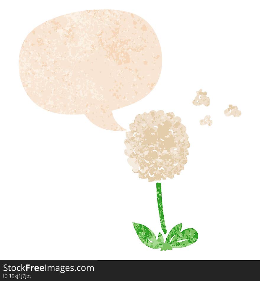 cartoon flower and speech bubble in retro textured style