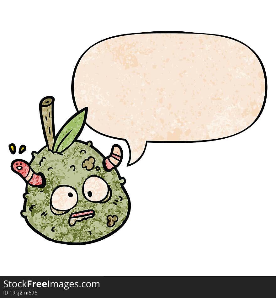 cartoon rotting old pear with worm with speech bubble in retro texture style. cartoon rotting old pear with worm with speech bubble in retro texture style