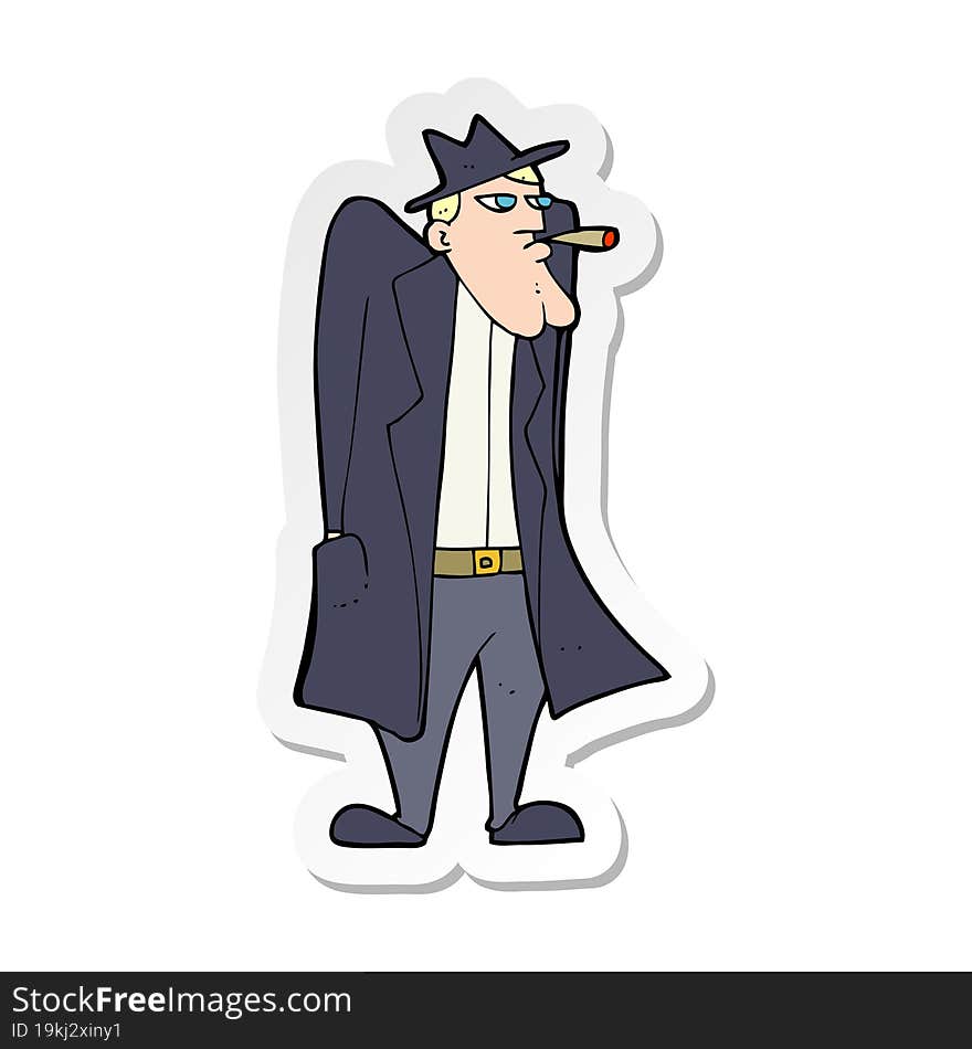 sticker of a cartoon man in hat and trench coat