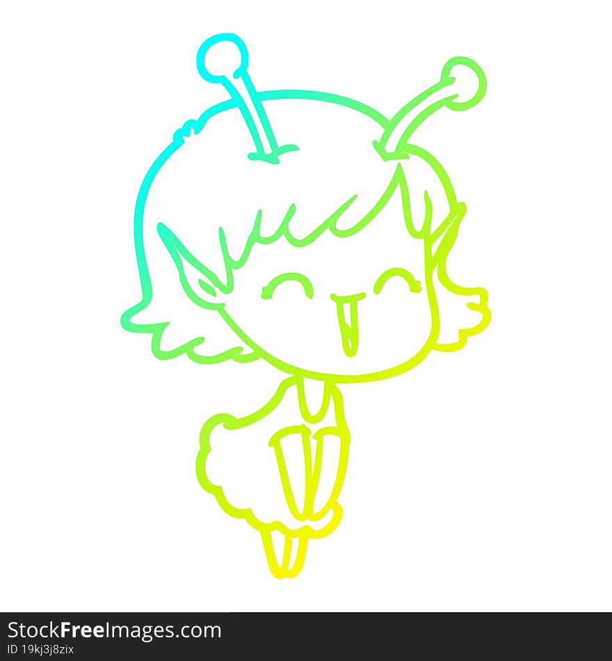 cold gradient line drawing of a cartoon alien girl laughing