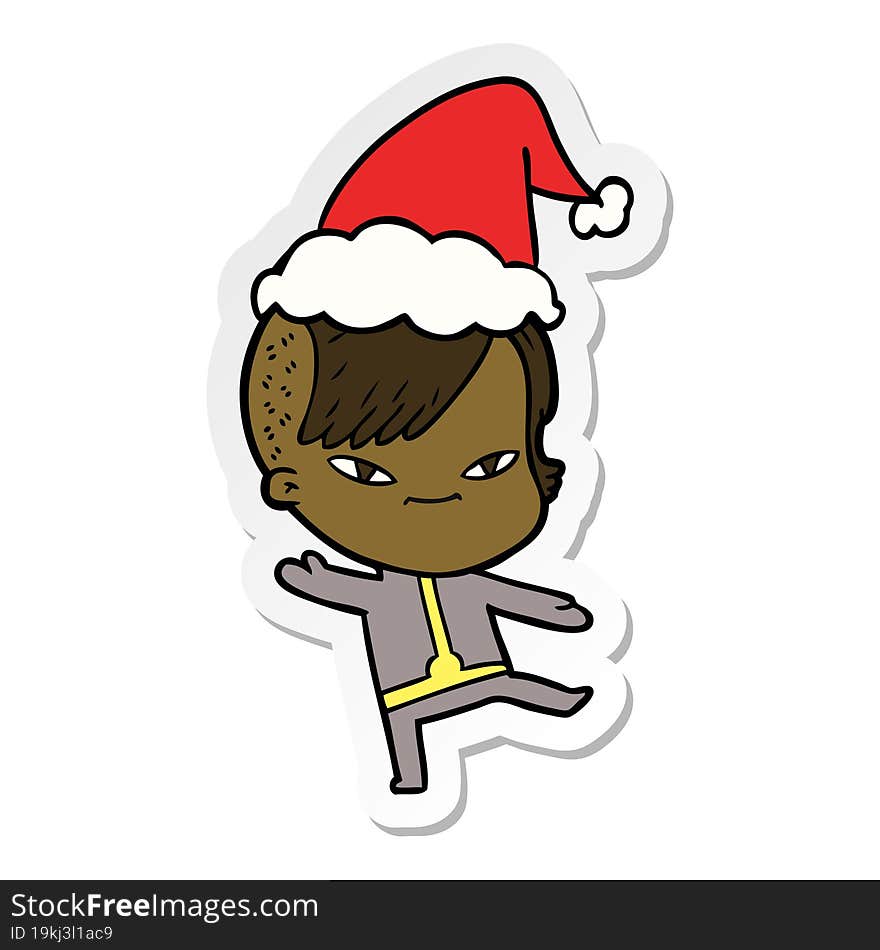 cute sticker cartoon of a girl with hipster haircut wearing santa hat