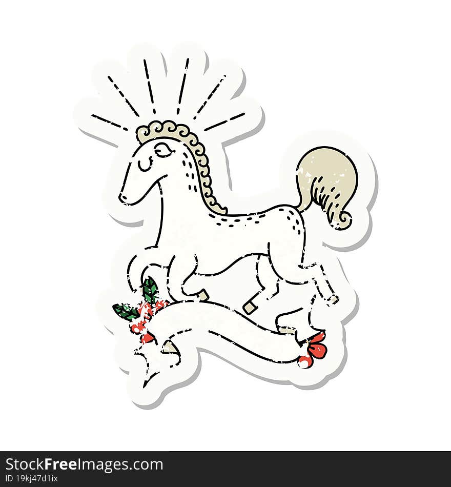 grunge sticker of tattoo style prancing stallion