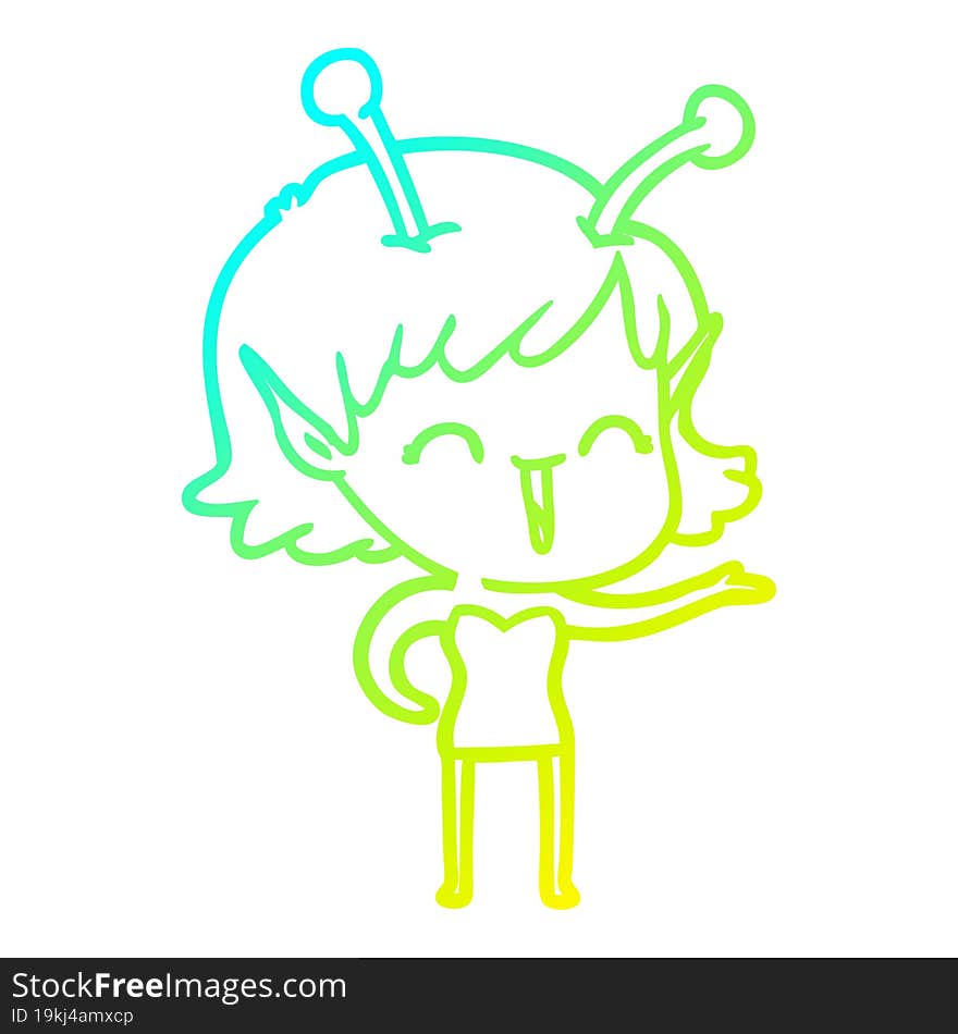 cold gradient line drawing of a cartoon alien girl laughing