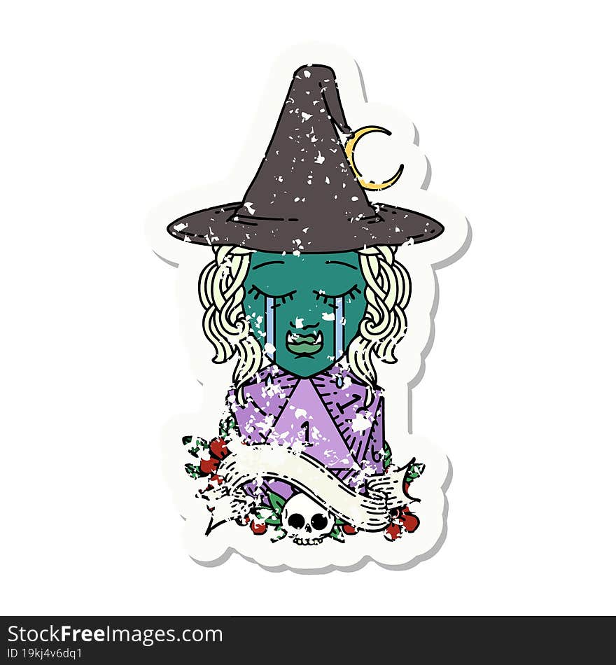 crying half orc witch character face with natural one d20 dice roll illustration