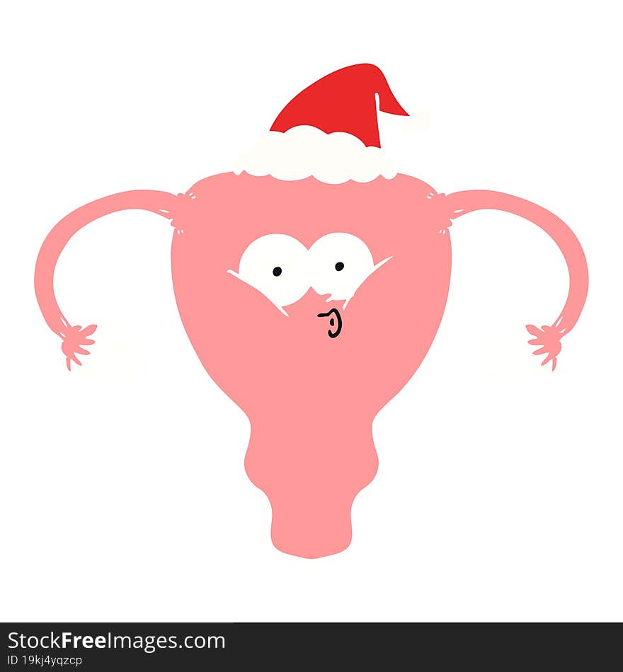 Flat Color Illustration Of A Uterus Wearing Santa Hat