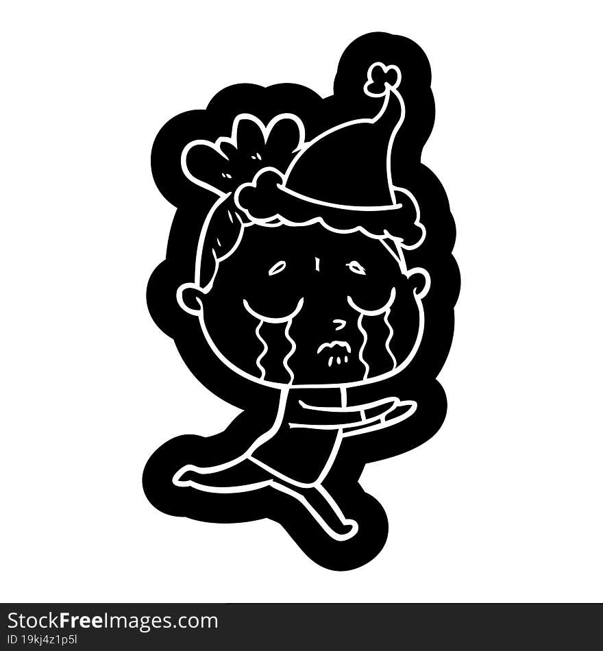 cartoon icon of a crying woman wearing santa hat