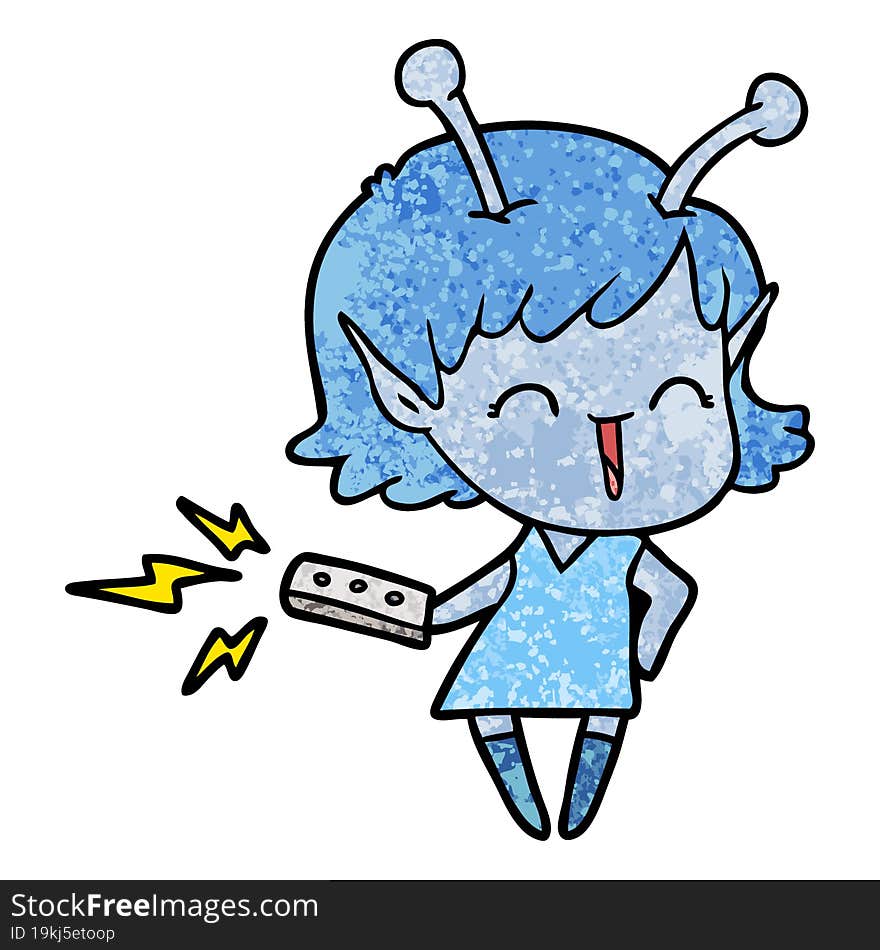 cartoon alien girl laughing with remote control. cartoon alien girl laughing with remote control