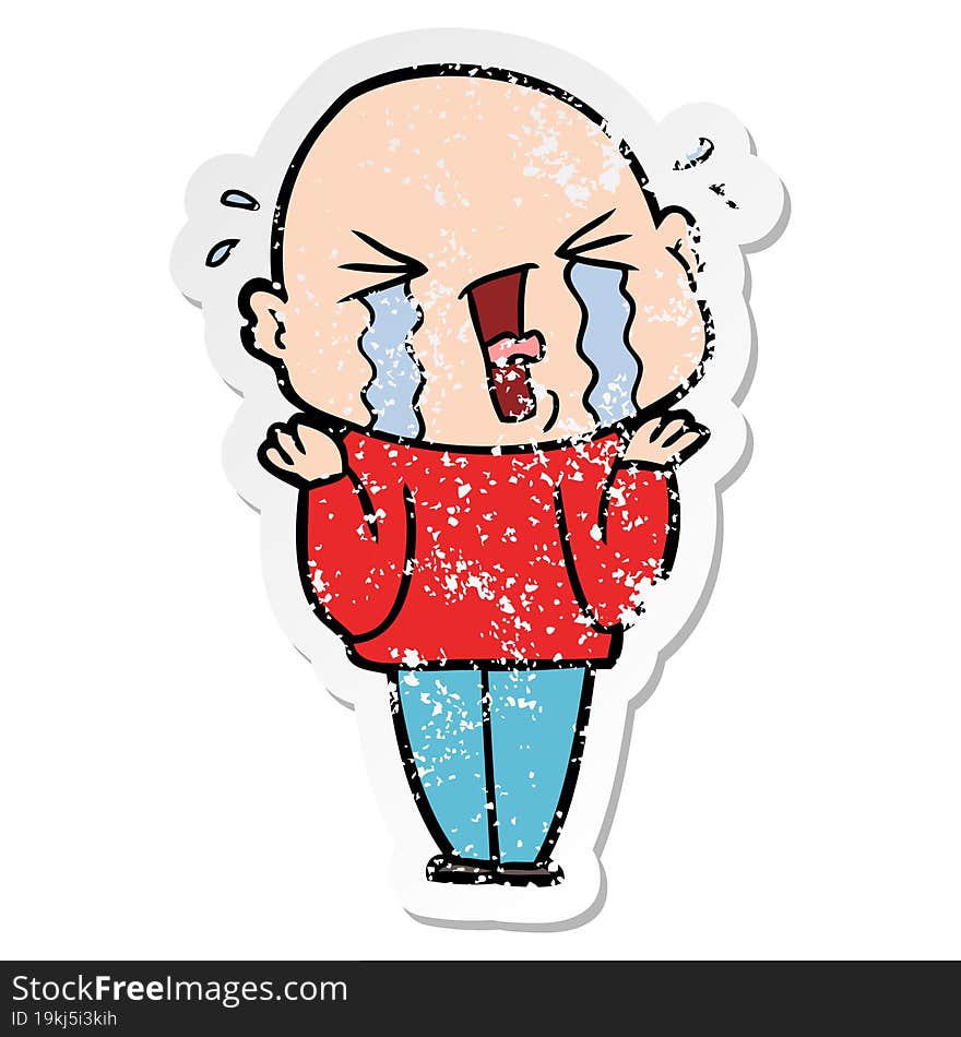 distressed sticker of a cartoon crying bald man