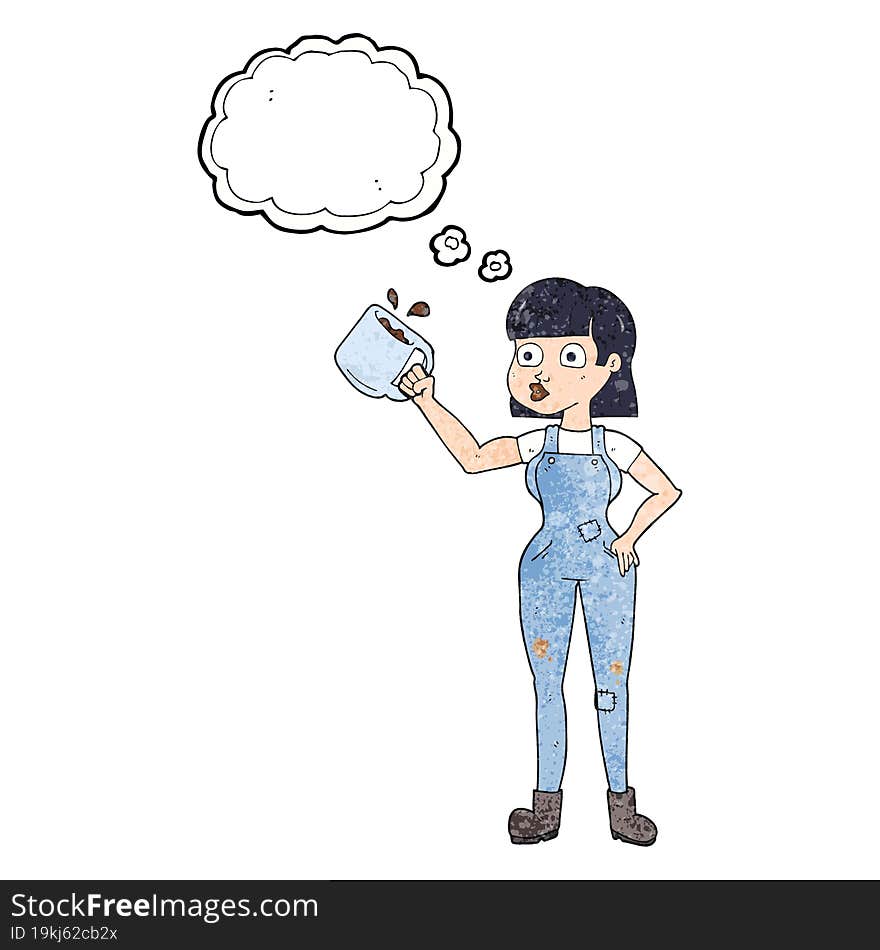 thought bubble textured cartoon female worker with coffee mug