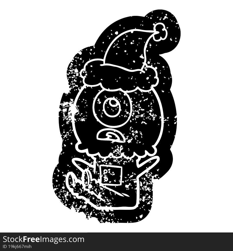 quirky cartoon distressed icon of a cyclops alien spaceman wearing santa hat