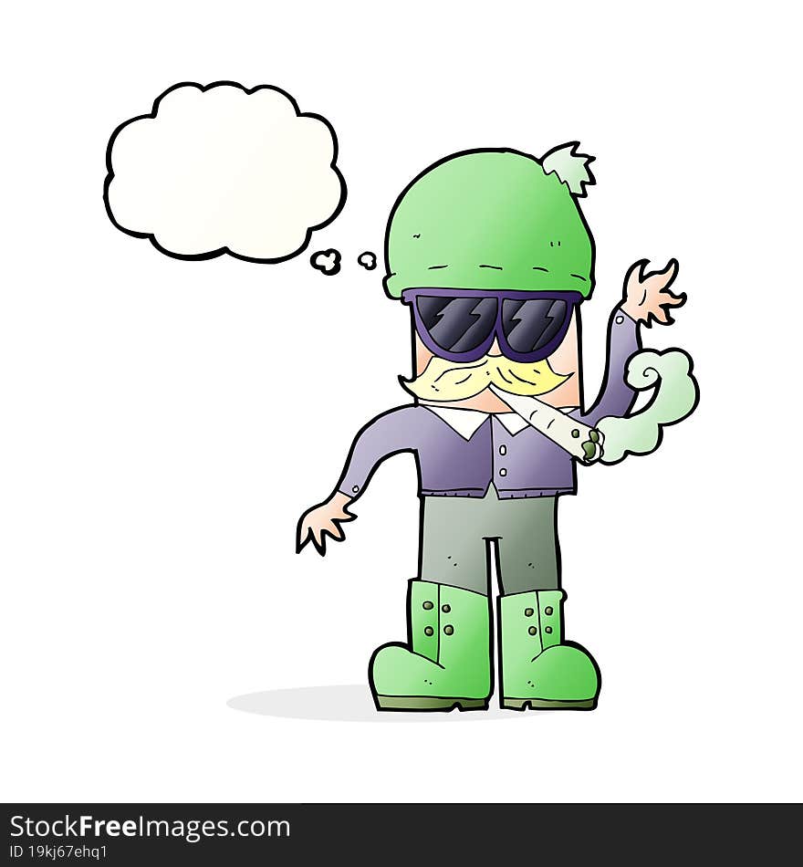 cartoon man smoking pot with thought bubble