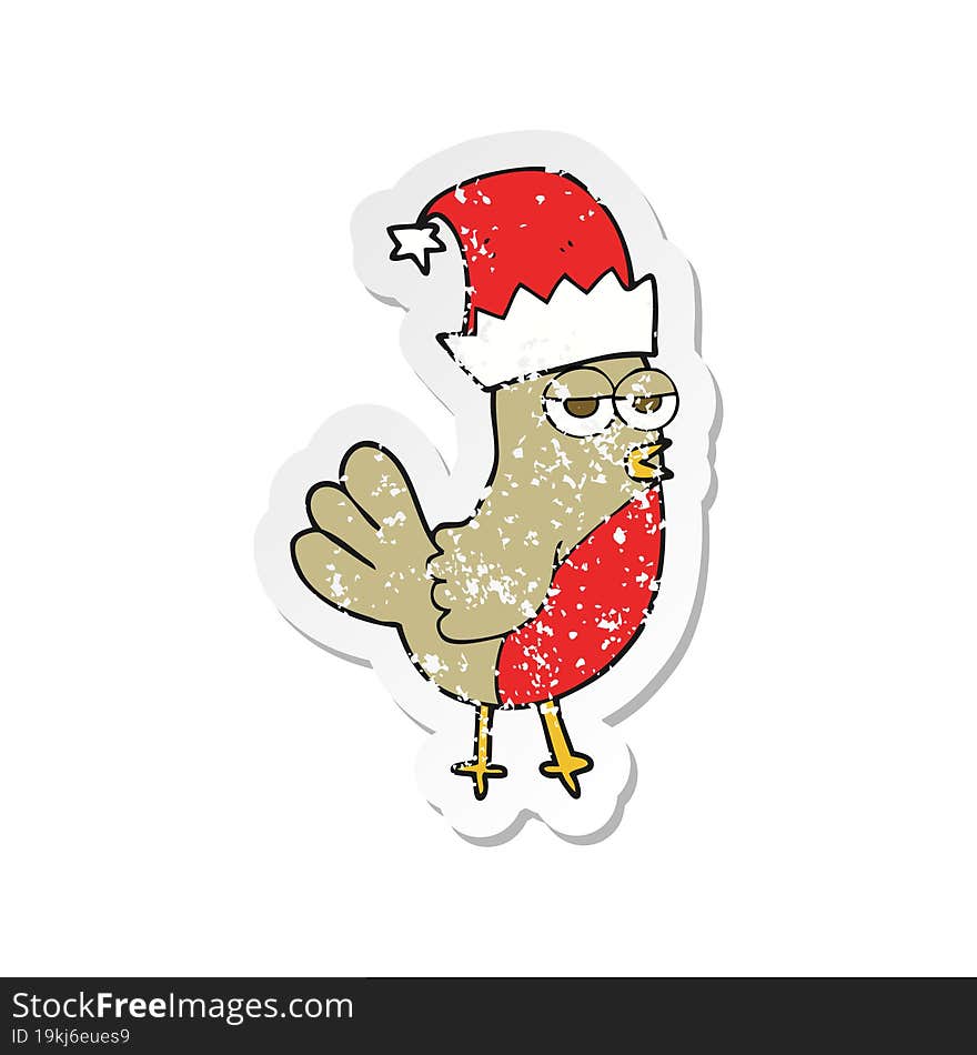 retro distressed sticker of a cartoon robin in christmas hat