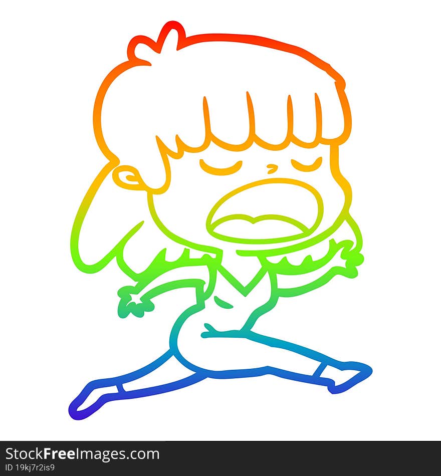 rainbow gradient line drawing of a cartoon woman talking loudly