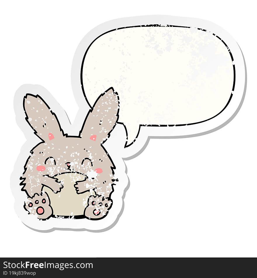 cute cartoon rabbit with speech bubble distressed distressed old sticker. cute cartoon rabbit with speech bubble distressed distressed old sticker