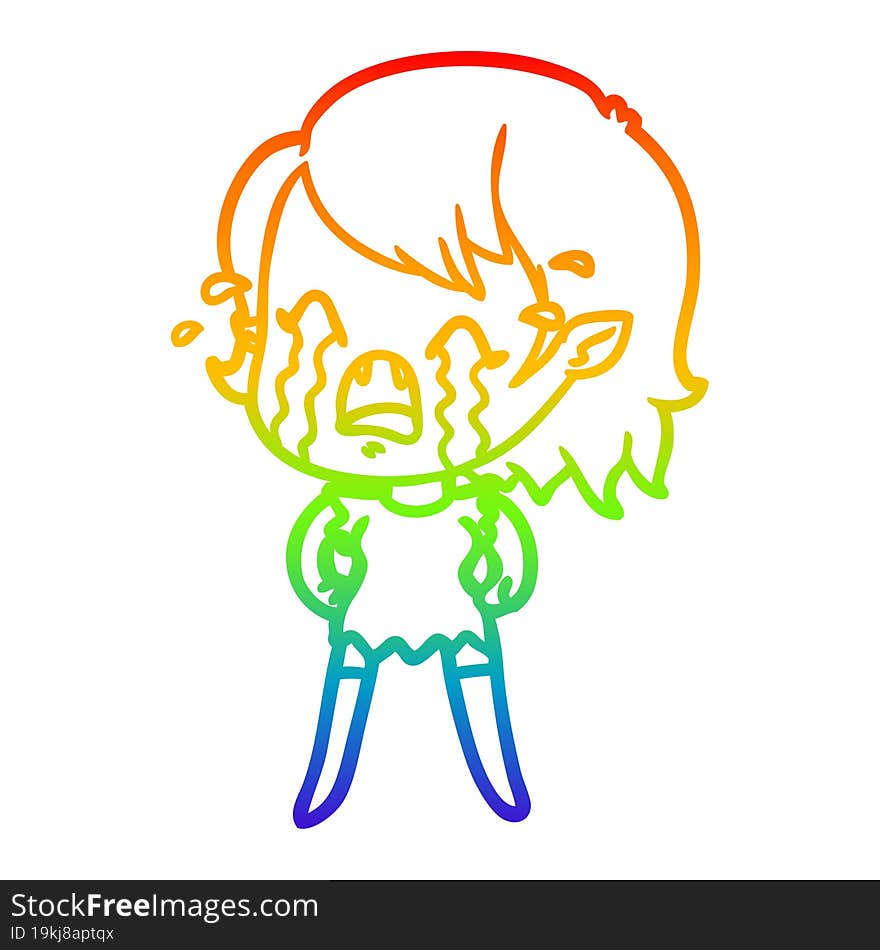 rainbow gradient line drawing cartoon crying vampire girl