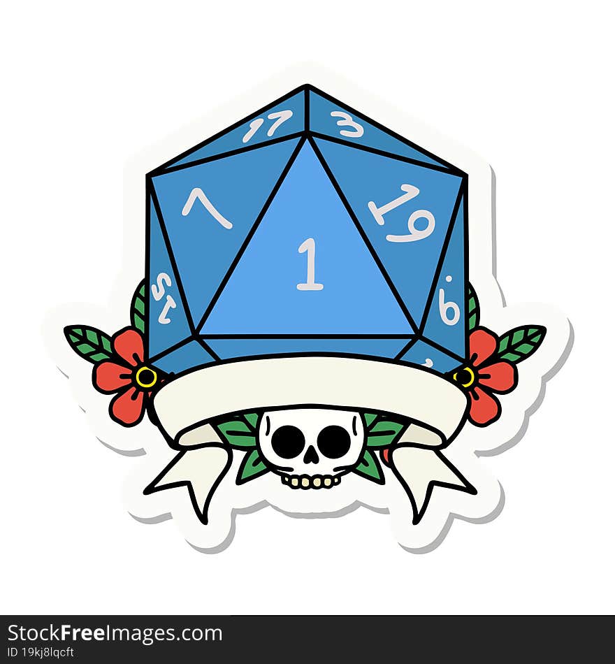 sticker of a natural one d20 dice roll. sticker of a natural one d20 dice roll