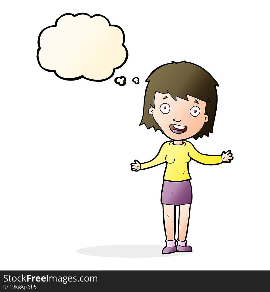 cartoon excited woman with thought bubble