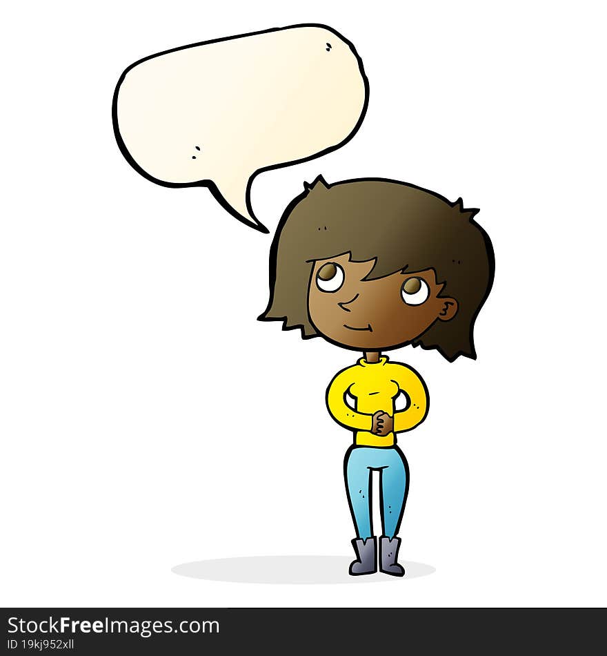 cartoon friendly woman with speech bubble