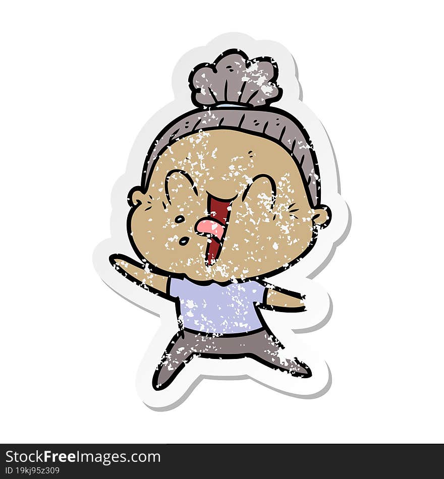 distressed sticker of a cartoon happy old woman