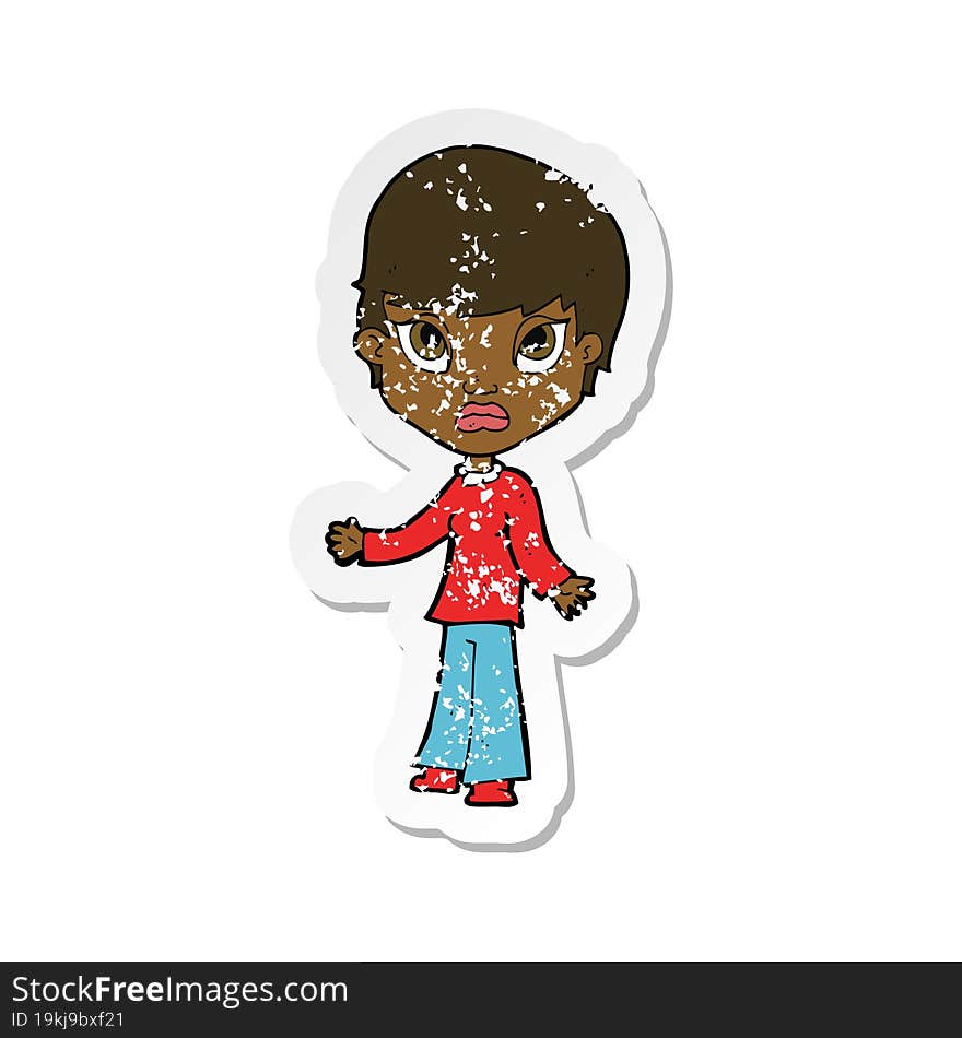 retro distressed sticker of a cartoon woman shrugging shoulders