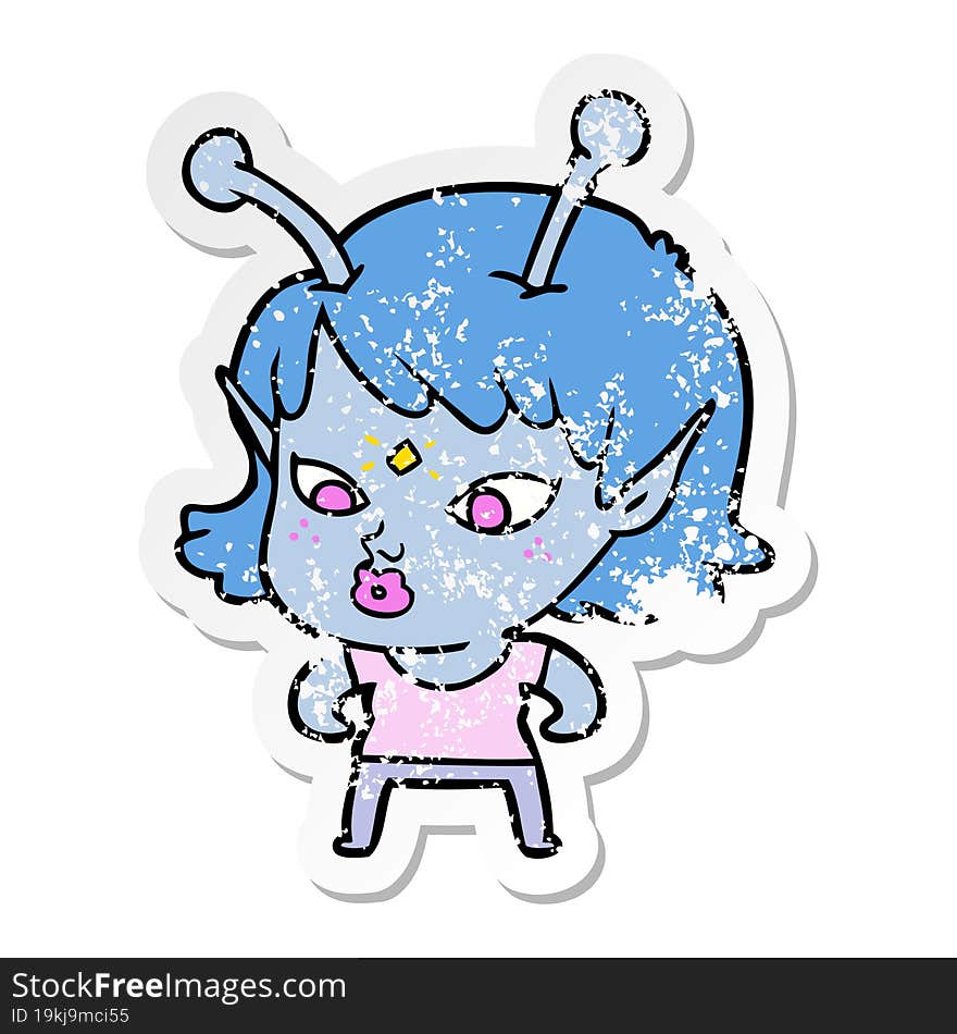 distressed sticker of a pretty cartoon alien girl