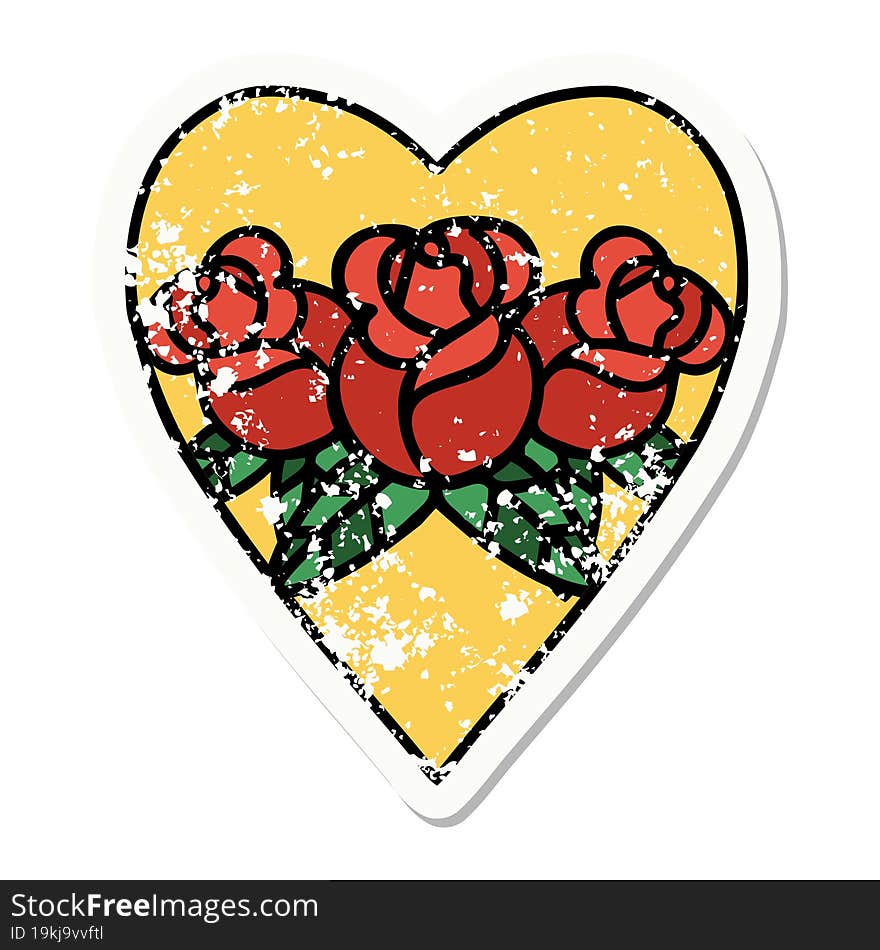 traditional distressed sticker tattoo of a heart and flowers