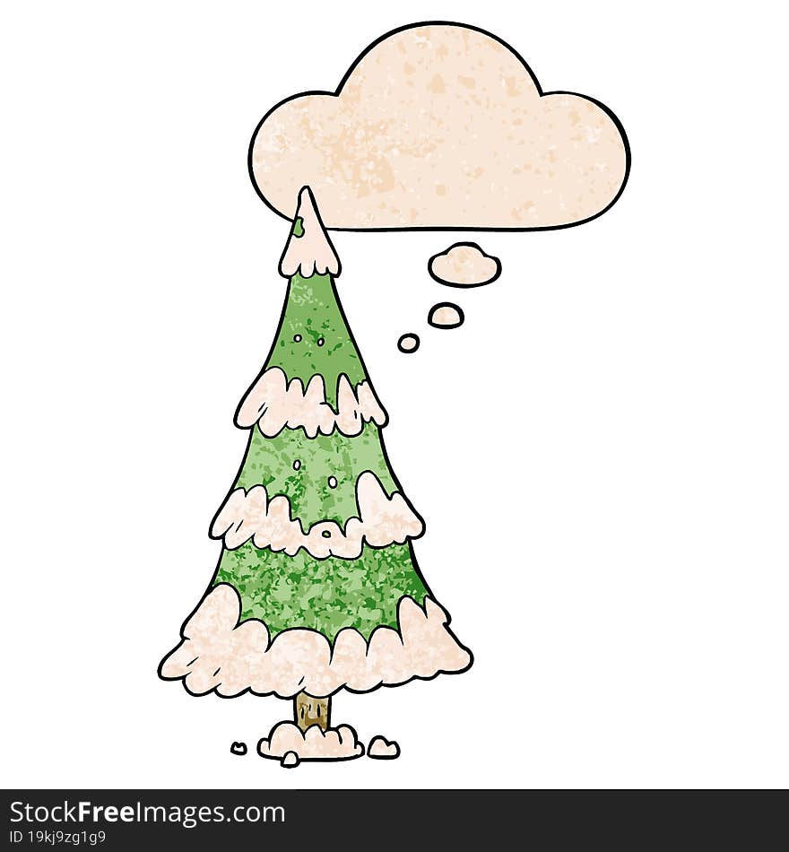 cartoon christmas tree and thought bubble in grunge texture pattern style