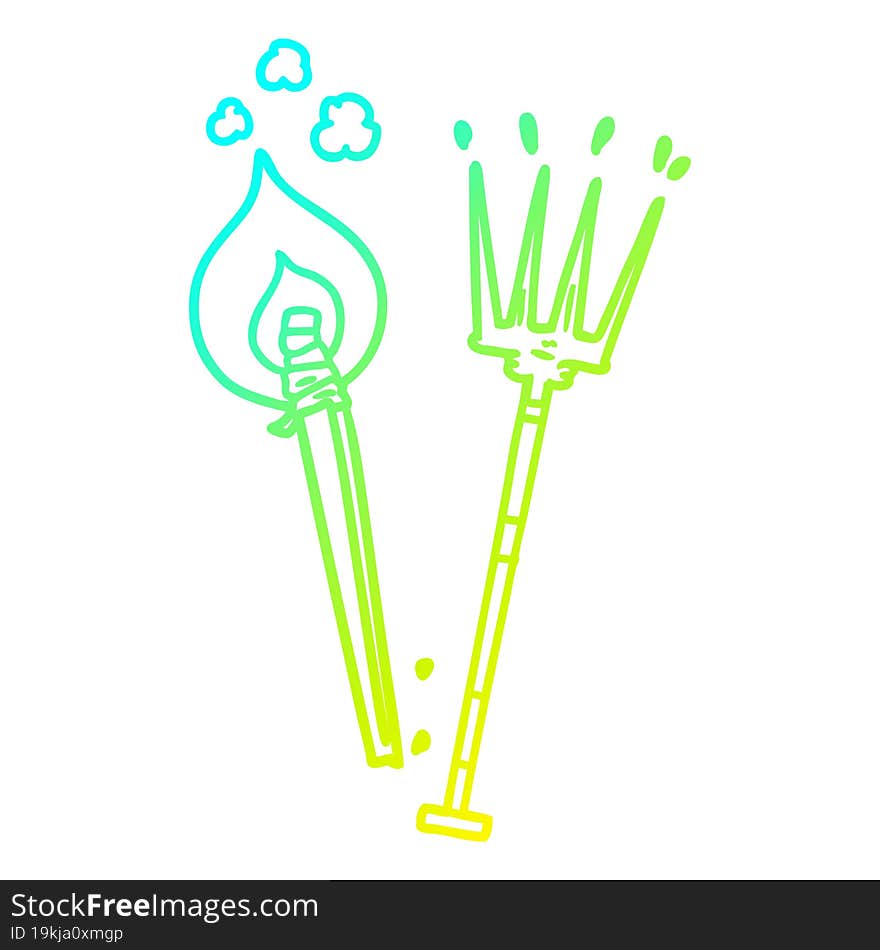 cold gradient line drawing cartoon pitchfork and burning brand