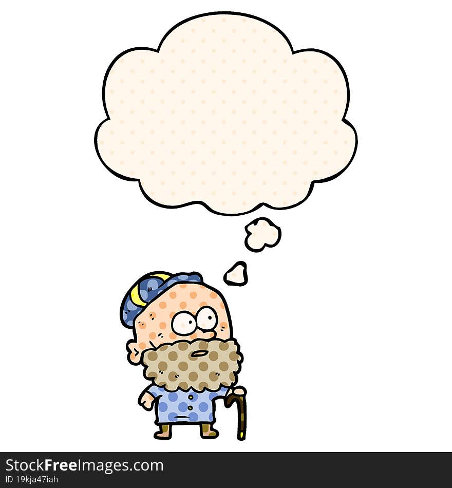 cartoon old man with walking stick with thought bubble in comic book style