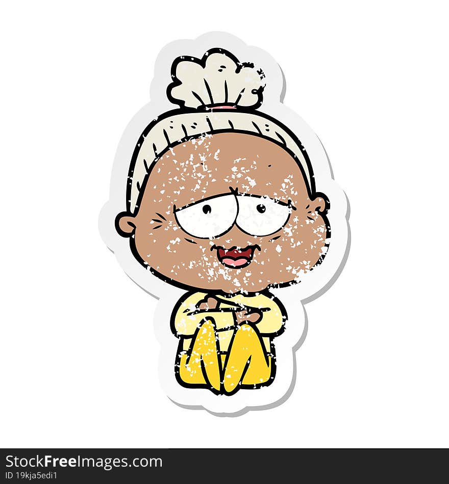 Distressed Sticker Of A Cartoon Happy Old Lady