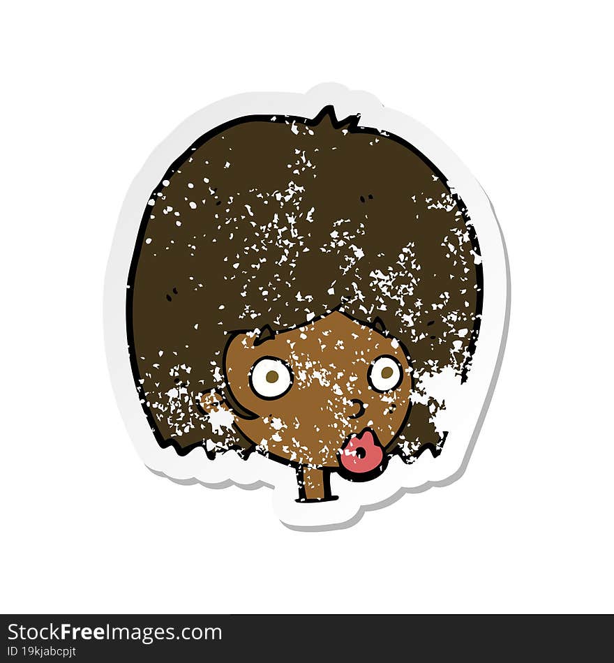 retro distressed sticker of a cartoon surprised female face