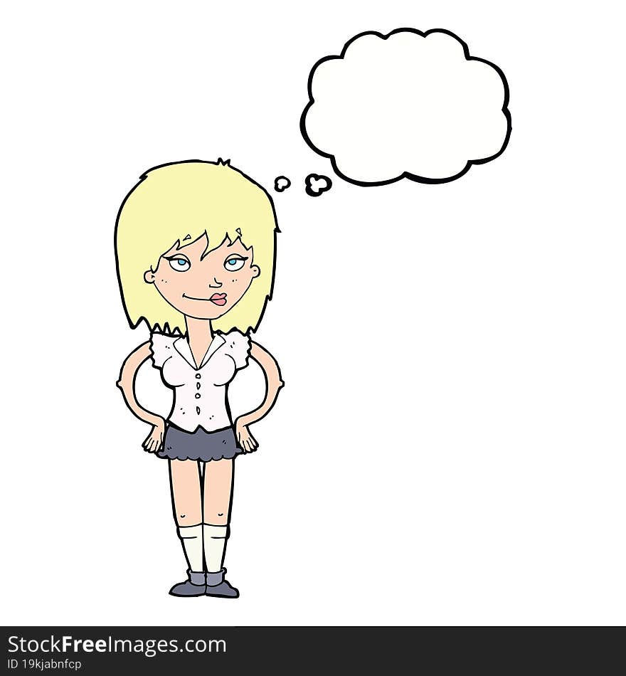 cartoon woman with hands on hips with thought bubble