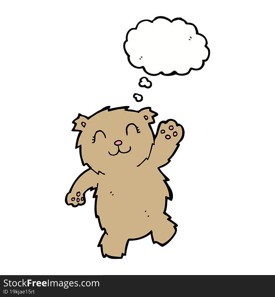 cartoon waving teddy bear with thought bubble