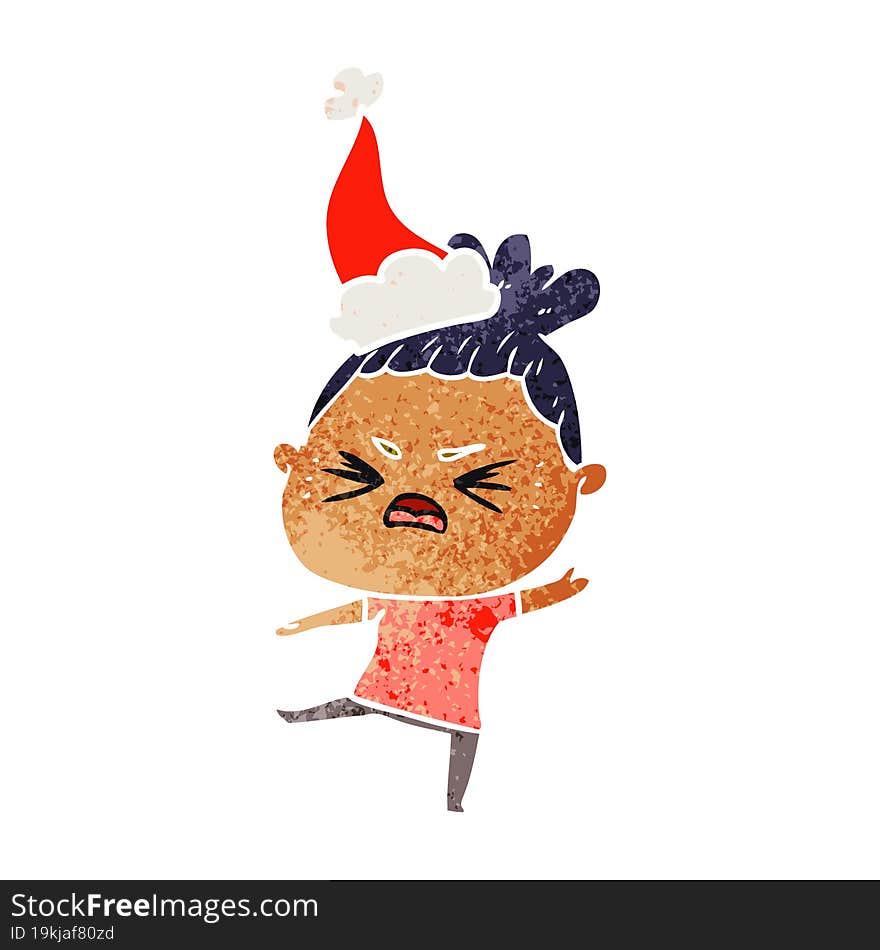 retro cartoon of a angry woman wearing santa hat