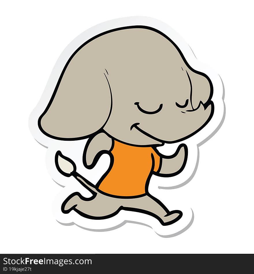 sticker of a cartoon smiling elephant running