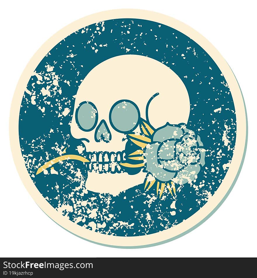 distressed sticker tattoo style icon of a skull and rose